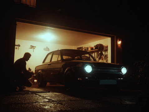 A mechanic carefully restores a vintage car in a well-equipped garage, showcasing the beauty of classic automotive craftsmanship - Powered by Adobe