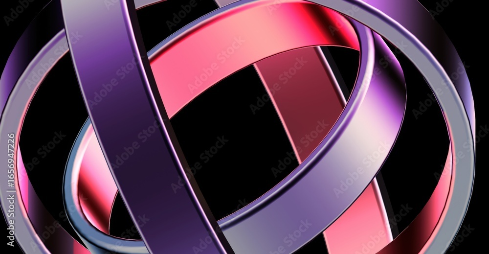 Poster an abstract 3d-rendered image of interlacing metallic ribbons and loops that are in a spherical arra