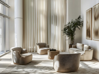 A modern and cozy living room with elegant furniture, soft lighting, and a bright airy feel, designed to create a comfortable, stylish, and aesthetically pleasing home environment.