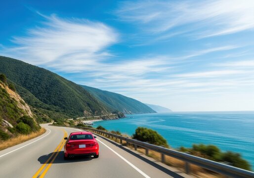 Red car driving on a scenic coastal highway with ocean views and blue sky