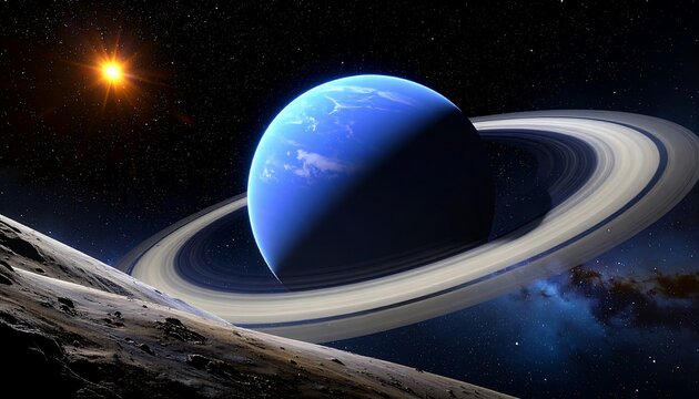 A vibrant, blue gas giant planet with stunning rings orbits a distant star system, accompanied by a rocky, cratered moon. - Powered by Adobe