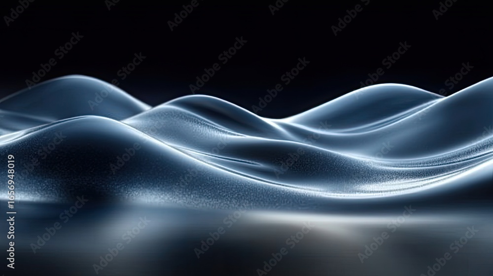 Poster abstract blue wavy surface with reflections on a dark gradient background. use for technology, scien