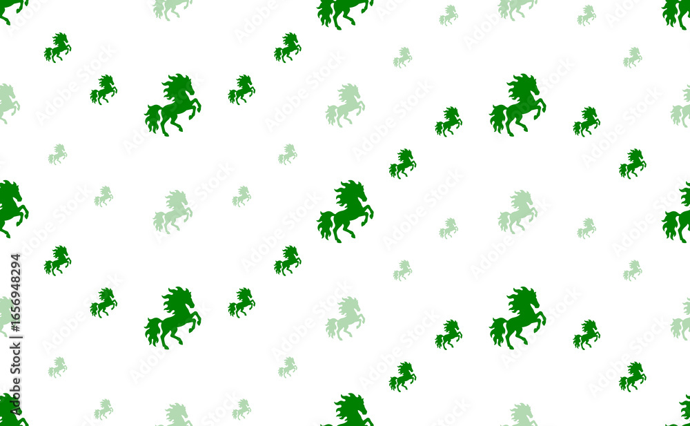 Poster seamless pattern of large and small green fiery horse symbols. the elements are arranged in a wavy. 