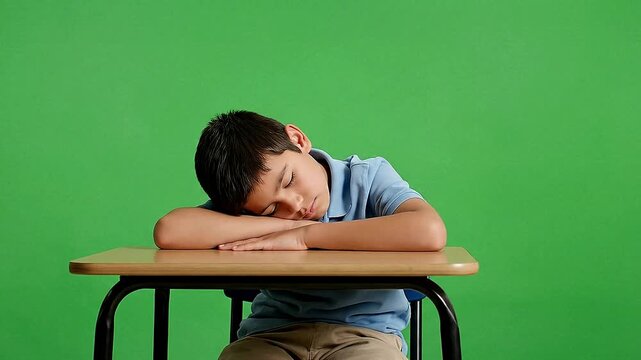 A tired student is sleeping on his desk in the classroom, resting his head on his arms during a lesson on green screen, feeling exhausted and overwhelmed - Powered by Adobe