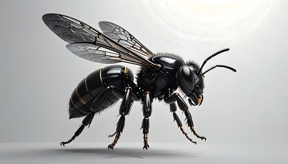 A detailed illustration of a futuristic, black and gold bee, showcasing intricate mechanical details against a plain gray background.