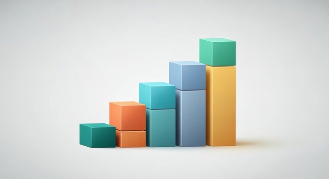 Cinematic photorealistic 3D illustration of cubes arranged in ascending order like a business growth chart, clean white background, sharp reflections and realistic shadows creating 