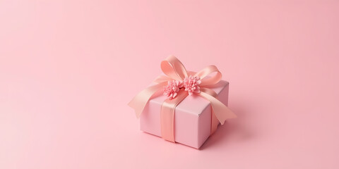Obraz premium Small elegant present gift box with tiny pale pink satin ribbon decorated with blooming sakura flowers on pale pink background