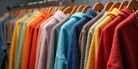 Row of different colorful youth cashmere sweaters and hoodies, sweatshirts and on a clothes rack. Mock up advertising merch.