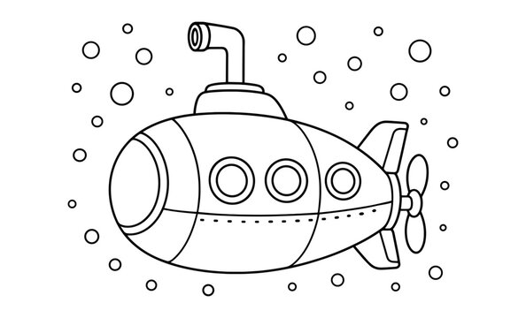 Cute submarine in simple line art style with bubbles for kids coloring