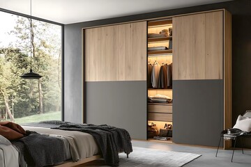 Integrated wardrobe with light wood grain and open center shelving used as a decorative display 