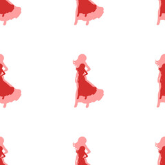 Seamless pattern of large isolated red lady symbols. The elements are evenly spaced. Illustration on light red background