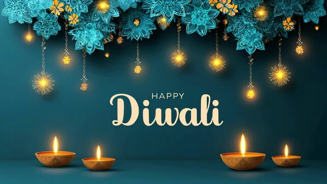 Happy Diwali text on bright animated banner with traditional Indian rangoli art and illuminated oil lamps, vector illustration style. Festive greeting card design
