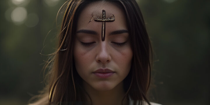 Woman with cross made from ash on forehead. Ash wednesday, faith, religious ceremony concept