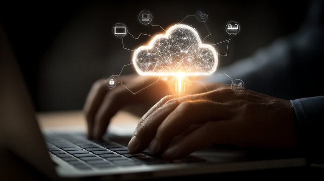 Hands typing on laptop keyboard with glowing cloud network image