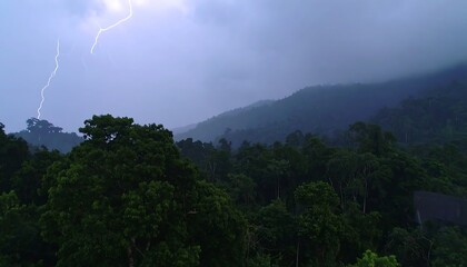 A dramatic lightning strike illuminates a dense, misty rainforest landscape.