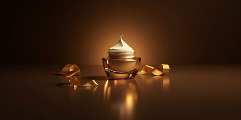 Premium 3d cosmetic glass cream bottle with royal gold face cream inside and gold ribbon on dark abstract background. Vector illustration.