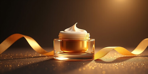 Premium 3d cosmetic glass cream bottle with royal gold face cream inside and gold ribbon on dark abstract background. Vector illustration.