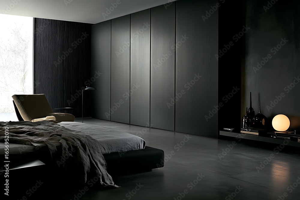 Poster sleek wardrobe design with a full wall of push-to-open matte cabinets and floating nightstands