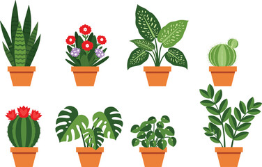Flat vector illustration of indoor potted plants, cacti, and tropical flowers. Perfect for botanical design, home decor, gardening, and nature concepts.