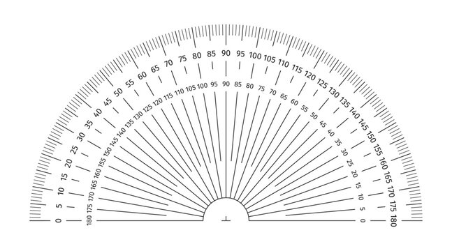 Protractor ruler on transparent background. Protractor for drafting, degree measuring, and tilt angle meter tool. Protractor ruler with 180 degrees. Vector