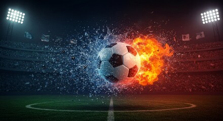 Fototapeta premium Football Ball with Fiery Flames and Water Splash Clash Epic Soccer Stadium Fantasy with Lightning Energy