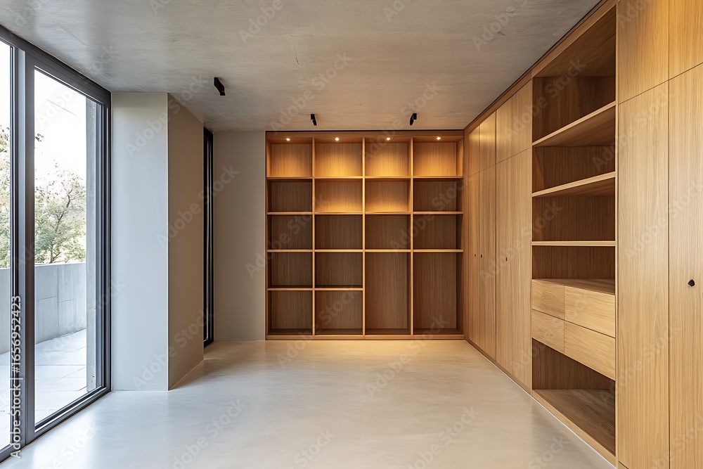 Poster stylish wardrobe unit combining closed storage and open shelving in a continuous floor-to-ceiling la