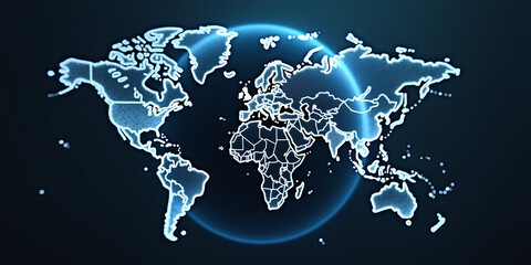 Digital world globe centered on Europe, concept of global network and connectivity on Earth, data transfer and cyber technology, information exchange and international telecommunication 