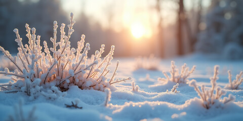Winter season outdoors landscape, frozen plants in nature on the ground covered with ice and snow, under the morning sun - Seasonal background for Christmas wishes and greeting card