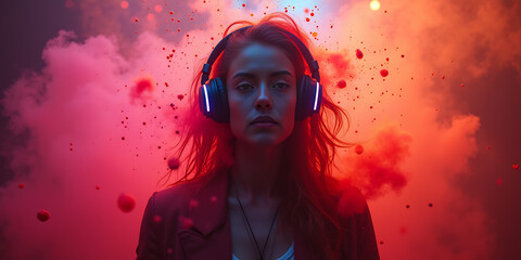 Stereo headphones exploding in festive colorful splash, dust and smoke with vibrant light effects on loud music sound, pulse, bass and beats, ready for party 