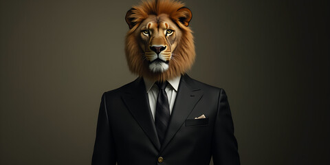 Lion dressed in an elegant and modern suit with a nice tie. Fashion portrait of an anthropomorphic animal, shooted in a charismatic human attitude 