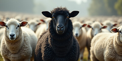 A black sheep among a flock of white sheep, raising head as a leader - Concept of standing out from the crowd, of being different and unique with its own identity and special skills among the others 