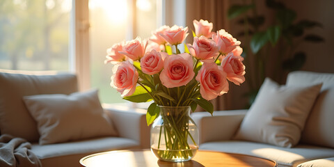 Spring flowers bouquet in vase on table in living room with morning sun light. Stylish apartment interior with blooming flowers