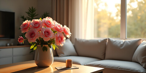 Spring flowers bouquet in vase on table in living room with morning sun light. Stylish apartment interior with blooming flowers