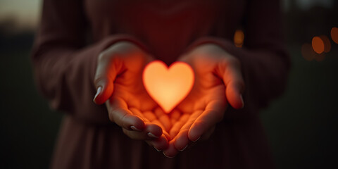 Woman hold glowing heart in hands against blurred background with bokeh lights. Love and romantic emotion concept.
