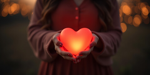Woman hold glowing heart in hands against blurred background with bokeh lights. Love and romantic emotion concept.