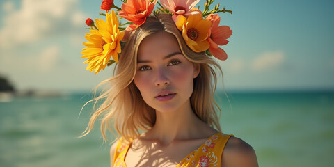 Female portrait with flowers in her head. Creative background with stylish woman. Fashion portrait. Summer style