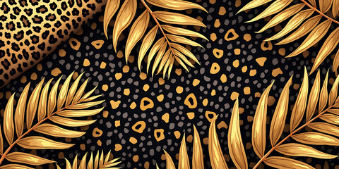 Leopard, print and pattern. Vector illustration of trendy modern seamless spotted leopard animal skin texture with golden, tropical palm leaves for background, label or card