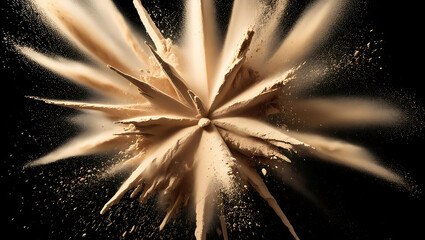 Explosion of beige powder creating a star shape on black background