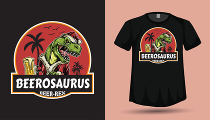 Beerosaurus Beer‑Rex – Santa T‑Rex with Beer Mug Retro Sunset Vector T‑Shirt Design