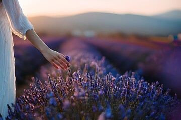 A gentle woman's hand caresses the purple flowers of a lavender field.