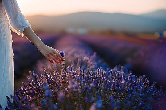 A gentle woman's hand caresses the purple flowers of a lavender field. - Powered by Adobe
