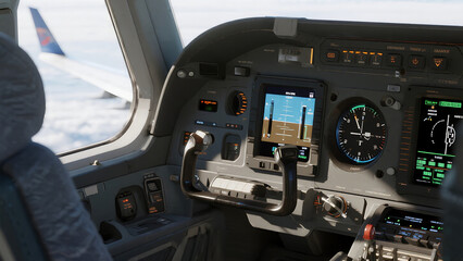 Naklejka premium A view of an airplane cockpit. Pilots use the cockpit to navigate, communicate with air traffic control, monitor aircraft systems, and ultimately, control the plane's movement from takeoff to landing.