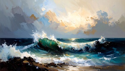 Dramatic seascape with crashing waves and stormy sky