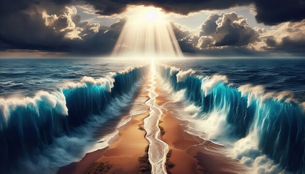 Parting of the red sea moses biblical miracle ocean waves sunlight religious event