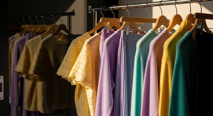 Obraz premium Pastel Clothing Displayed on Wooden Hangers, Illuminated by Sunlight, Fashionable Apparel.