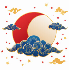 Moon and Flowing Clouds in Ukiyo-e Style Art. Red, blue and gold color 