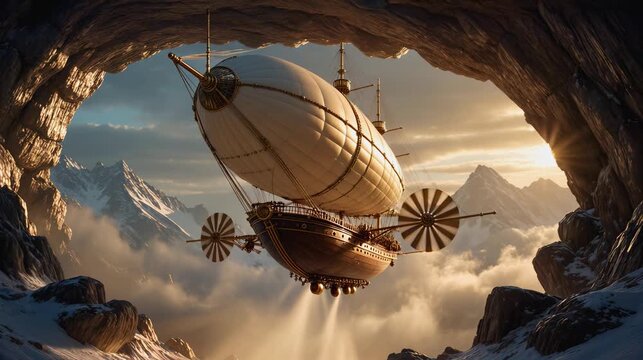 a majestic scene of a steampunk airship emerging from a cave to fly over a sea of clouds with snowy mountains in the golden sunlight