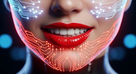 Closeup of a woman's face with digital circuit patterns, representing artificial intelligence, future technology, and the fusion of human and machine