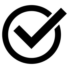 Black tick mark icon with circular ring, PNG with transparent background, bold check symbol for UI...