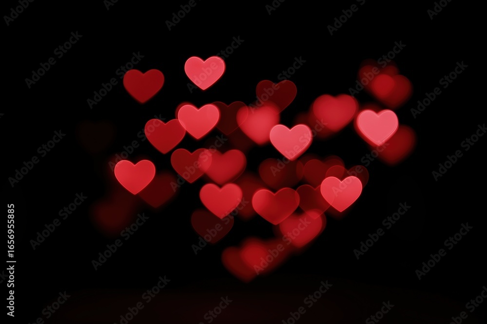 Poster abstract red heart bokeh pattern on black background